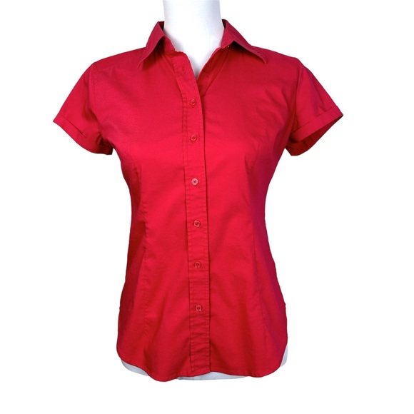 New York & Company Red Short-Sleeved Fitted Button Down Shirt Size XS - Picture 3 of 8